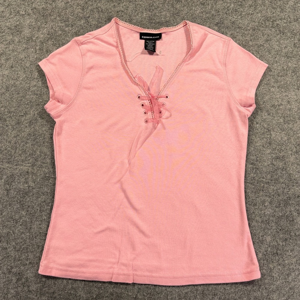 Y2K Express Jeans Baby Tee Shirt Womens Large Pink Lace‎ Up V Neck Preppy Crop